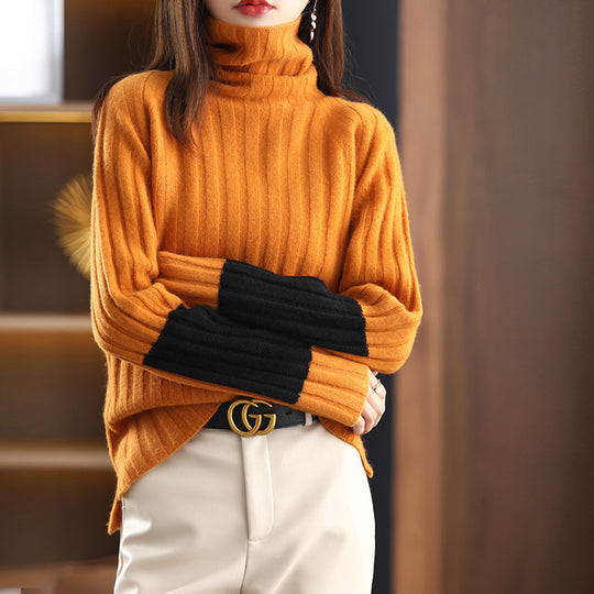 Damen Grob gestrickter Rollkragenpullover mit modischem Streifenmuster EB