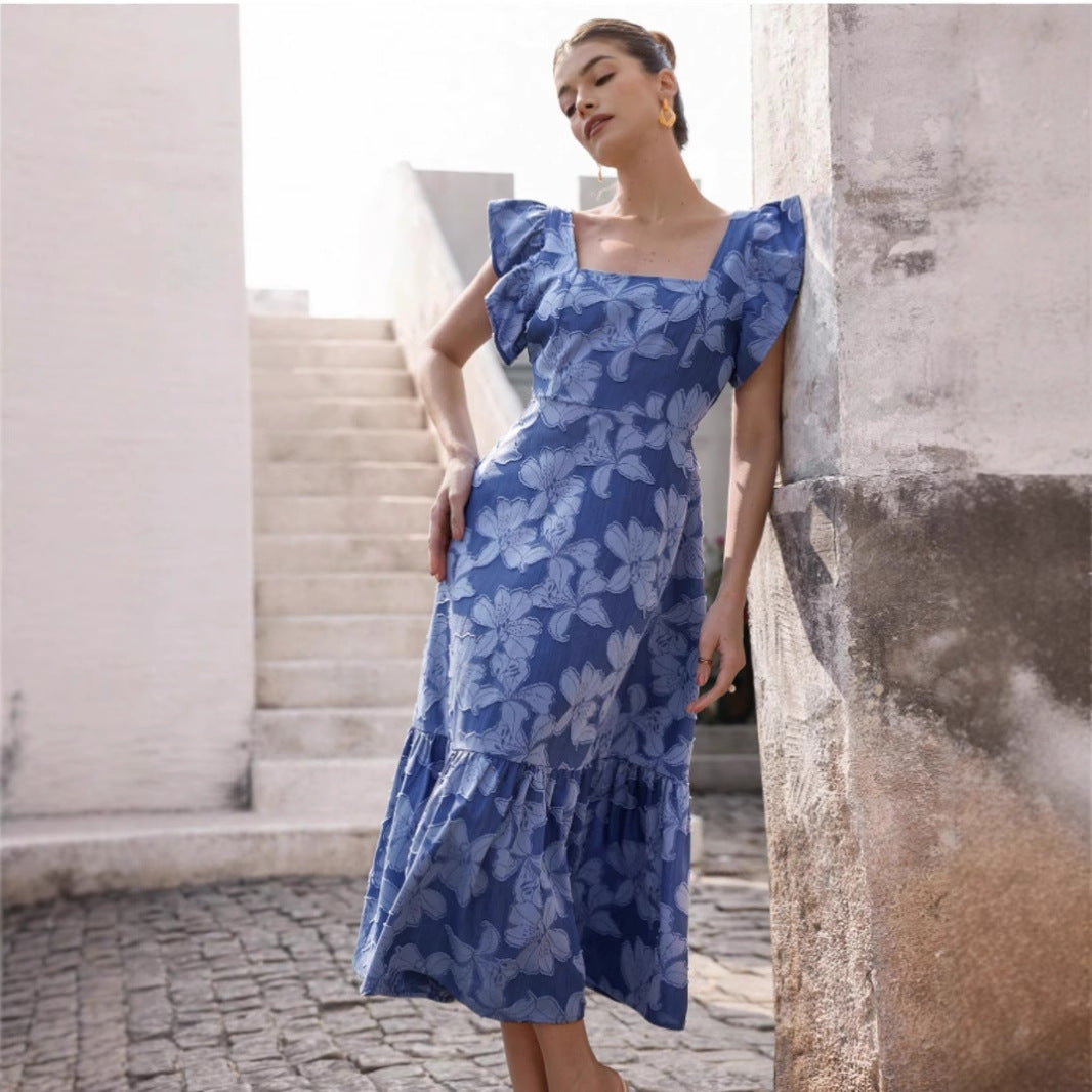 Damen Maxikleid mit floralem Streifenmuster und taillierter Silhouette EB