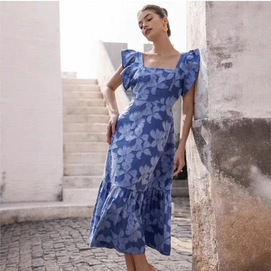 Damen Maxikleid mit floralem Streifenmuster und taillierter Silhouette EB