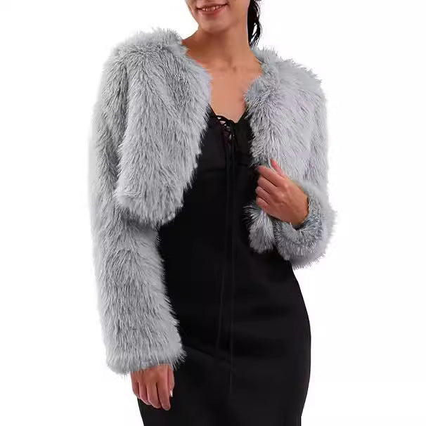 Damen Kurze glamouröse Kunstfelljacke mit lockeren Ärmeln EB