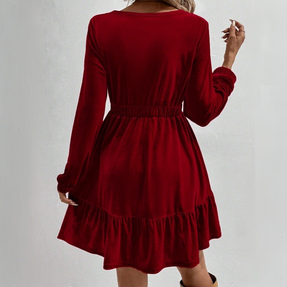 Damen Samt‑Minikleid mit elastischer Taillennaht und stufigem Volantrock Eichborn Berlin