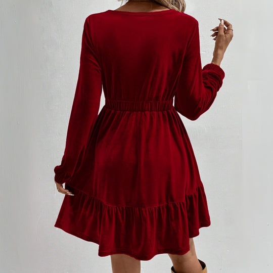 Damen Samt‑Minikleid mit elastischer Taillennaht und stufigem Volantrock Eichborn Berlin