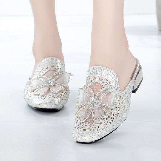Damen Mules mit funkelnden Strassverzierungen und elegantem Blütenakzent EB