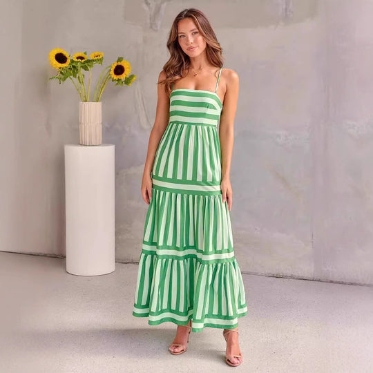 Damen Maxikleid mit Streifenmuster und fließendem Rock EB