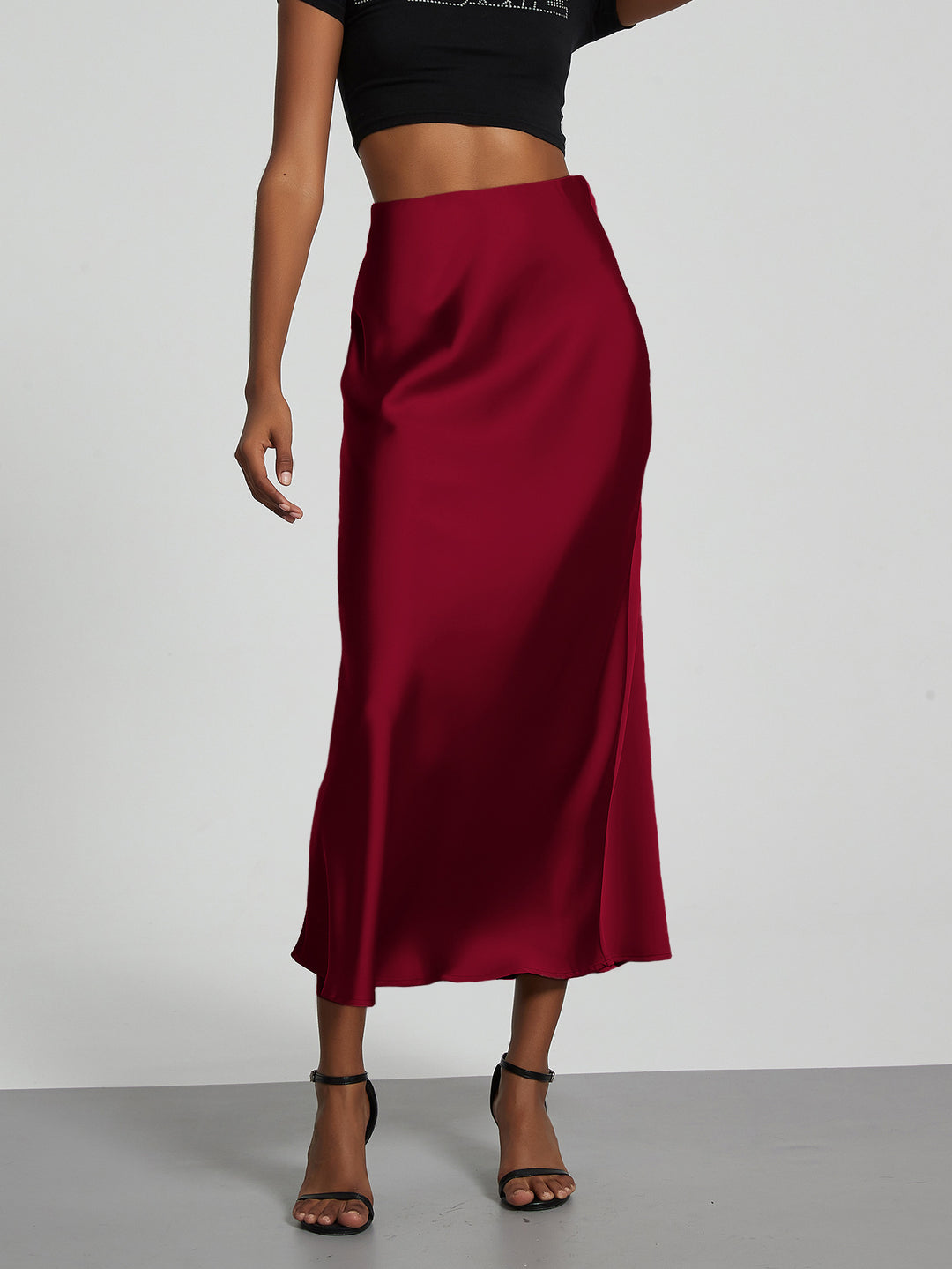 Damen Stilvolle Satin-Stretchrock mit hohem Bund und fließendem Schnitt EB