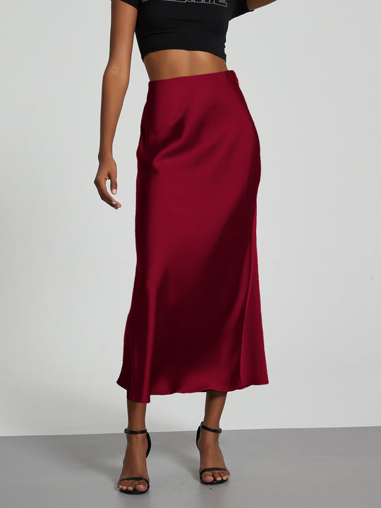 Damen Stilvolle Satin-Stretchrock mit hohem Bund und fließendem Schnitt EB