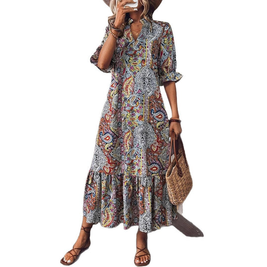 Damen Maxikleid mit buntem Paisley-Muster und modischem Volant EB