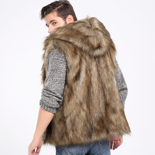 Herren Elegante Kunstpelzjacke mit Kapuze und seitlichen Taschen EB