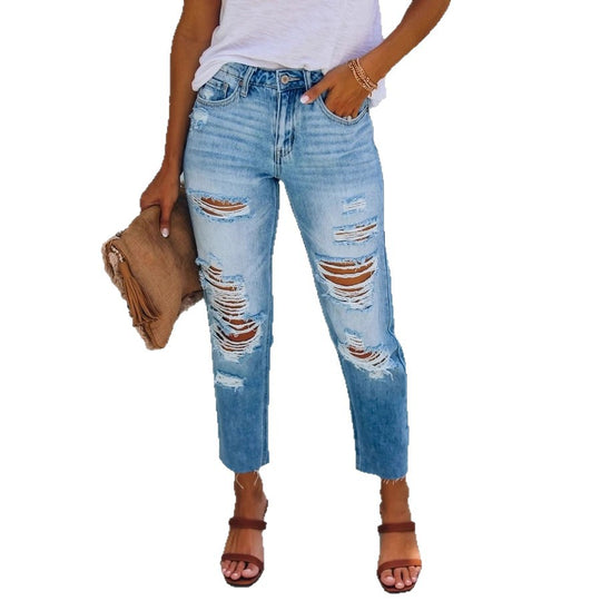 Damen Hohe Taillierte Ripped Jeans im modernen Straight-Leg Schnitt EB