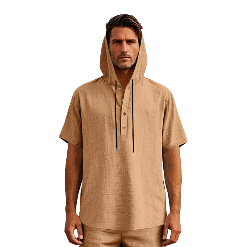 EB | Leinen-Knopf-Strand-Kapuzen-Henley-Shirt