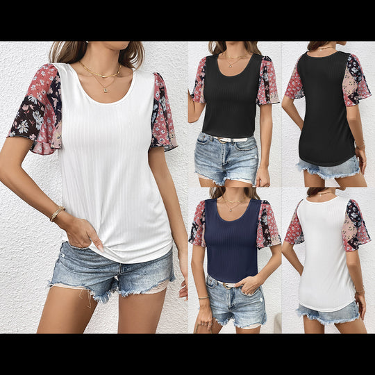Damen T-Shirt mit eleganten transparenter Blumenärmeln EB