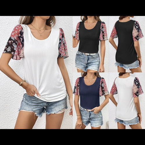 Damen T-Shirt mit eleganten transparenter Blumenärmeln EB