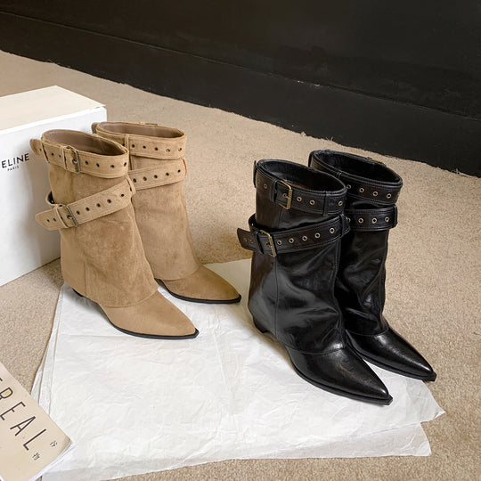 Damen Stiefeletten mit modischem Riemen und elegantem Blockabsatz EB