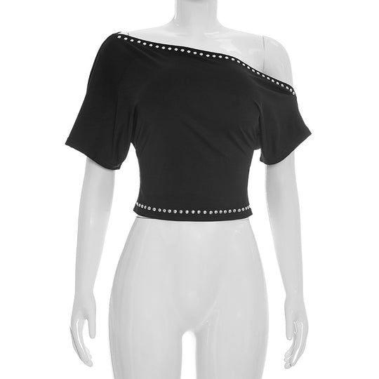 Damen asymmetrisches Crop-Top mit weich fließendem Stoff und dekorativem Nietenbesatz EB