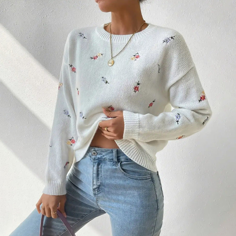 Damen kuscheliger Strickpullover mit floralem Motiv EB