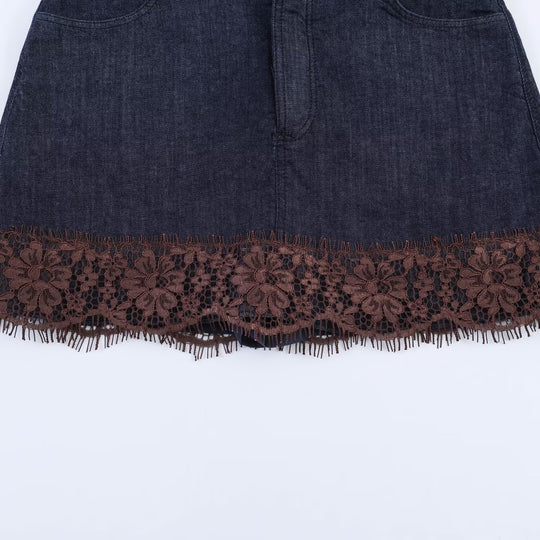 Damen Jeansrock mit exquisiter Spitze und fransigem Saum EB