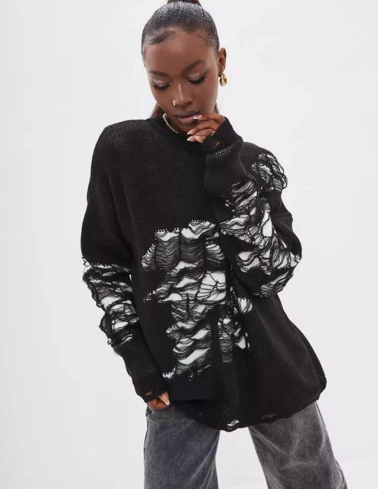 Damen grob gestrickter Oversized-Pullover mit einzigartiger Transparenzstruktur und modernen Akzenten EB