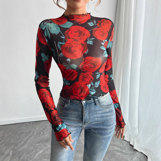 Damen Transparente Bluse mit floralem Muster und hohem Kragen EB