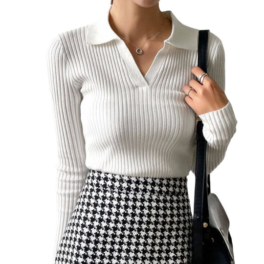Damen Feinstrickoberteil mit Polo-Kragen und Rippstruktur EB