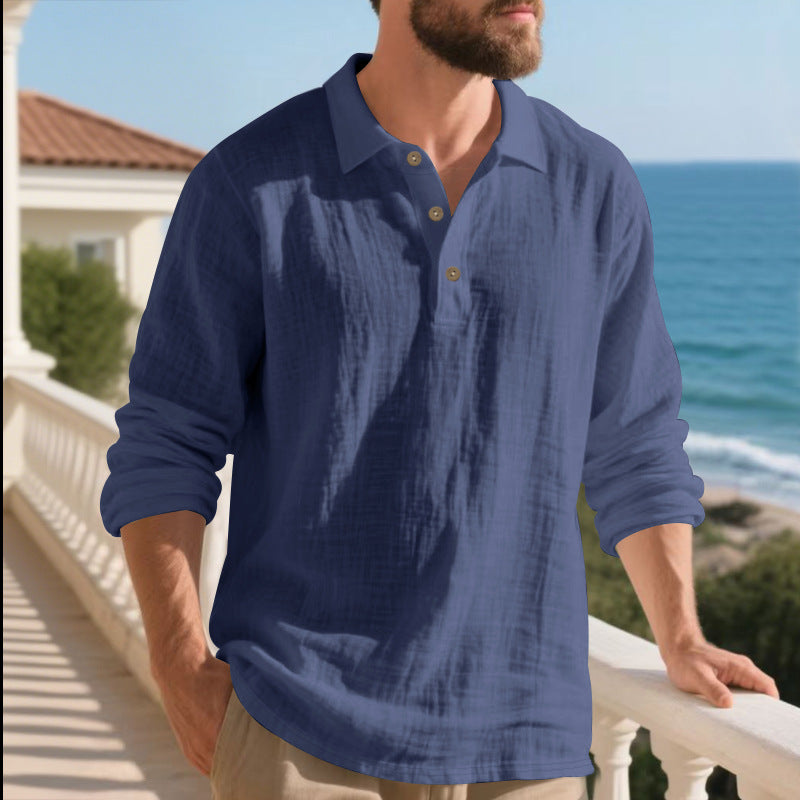 Herren lässiges Langarm-Polohemd mit strukturierten Details und hochwertigen Knöpfen EB