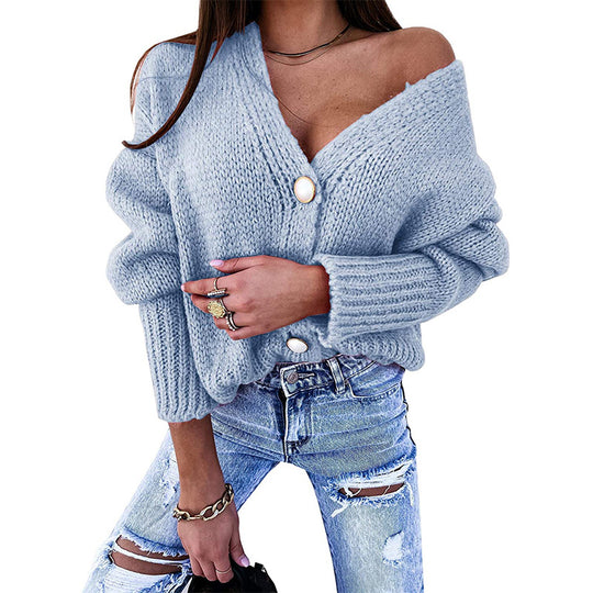 Damen Kuscheliger Cardigan mit tiefem V-Ausschnitt und dekorativen Knöpfen EB