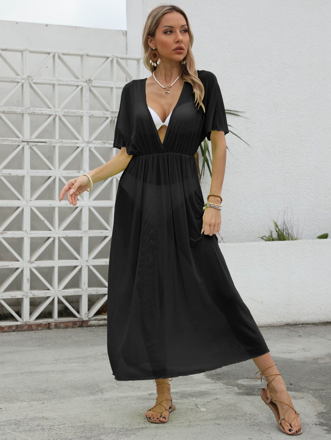 Damen elegantes Maxi-Kleid mit tiefem V-Ausschnitt und fließendem Rock EB