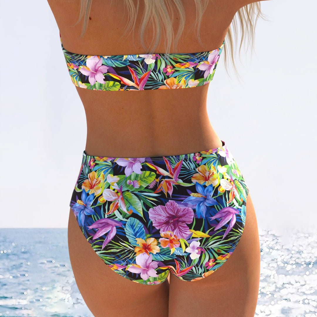Damen Bandeau-Bikini mit hohem Taillenschnitt und buntem Tropenmotiv EB