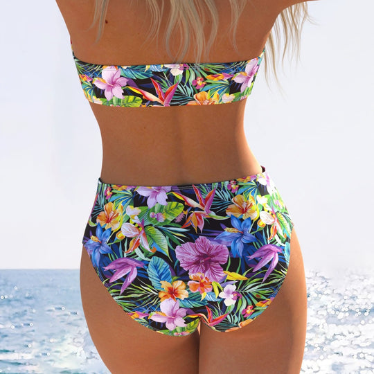 Damen Bandeau-Bikini mit hohem Taillenschnitt und buntem Tropenmotiv EB