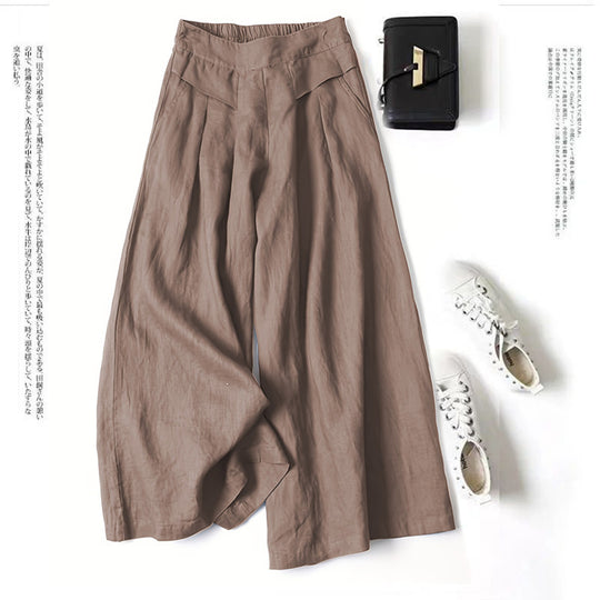 Damen Weit geschnittene Leinenhose mit hohem Bund und eleganten Falten EB