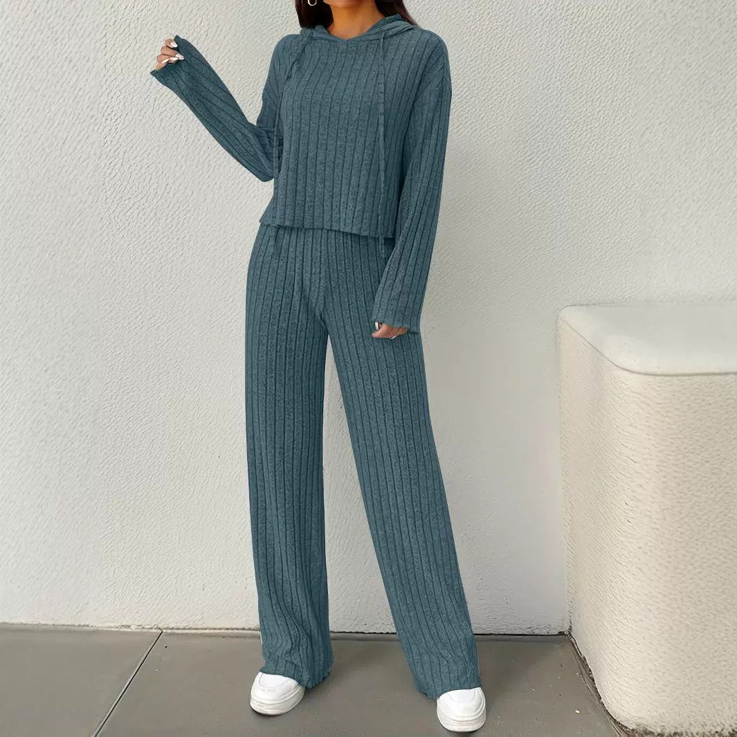Damen lässiges Strick-Lounge-Set mit Kapuze und weitem Schnitt EB