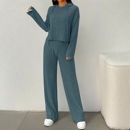 Damen lässiges Strick-Lounge-Set mit Kapuze und weitem Schnitt EB