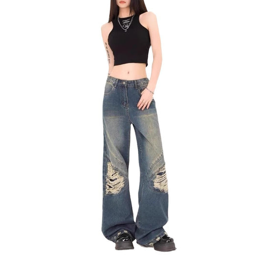 Damen Weite Jeans mit ausgefranstem Design und modischen Rissdetails EB