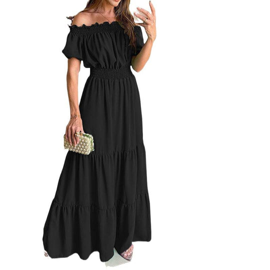 Damen Maxikleid mit schulterfreiem Design und voluminösen Rüschendetails EB