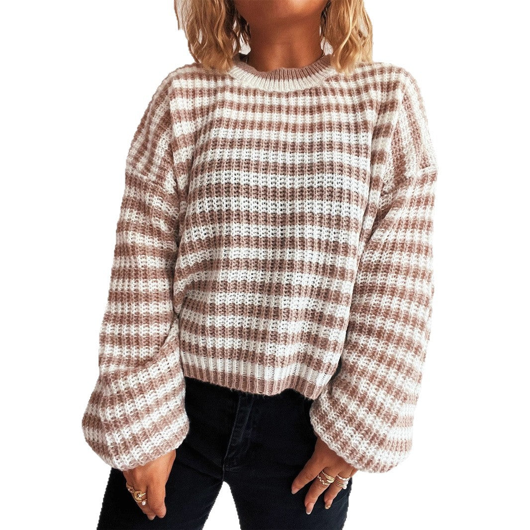 Damen lässiger Strickpullover mit breiten Streifen EB
