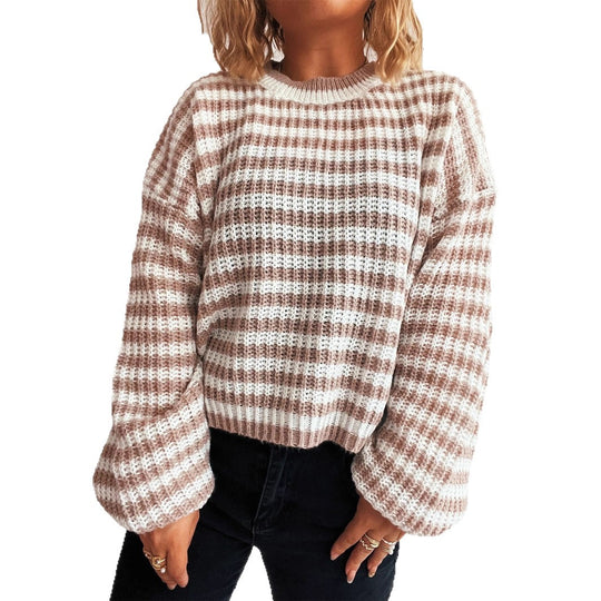 Damen lässiger Strickpullover mit breiten Streifen EB
