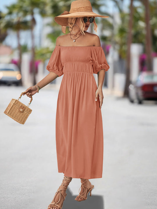 Damen Off-Shoulder Maxikleid mit voluminösen Puffärmeln und elastischem Taillenband EB