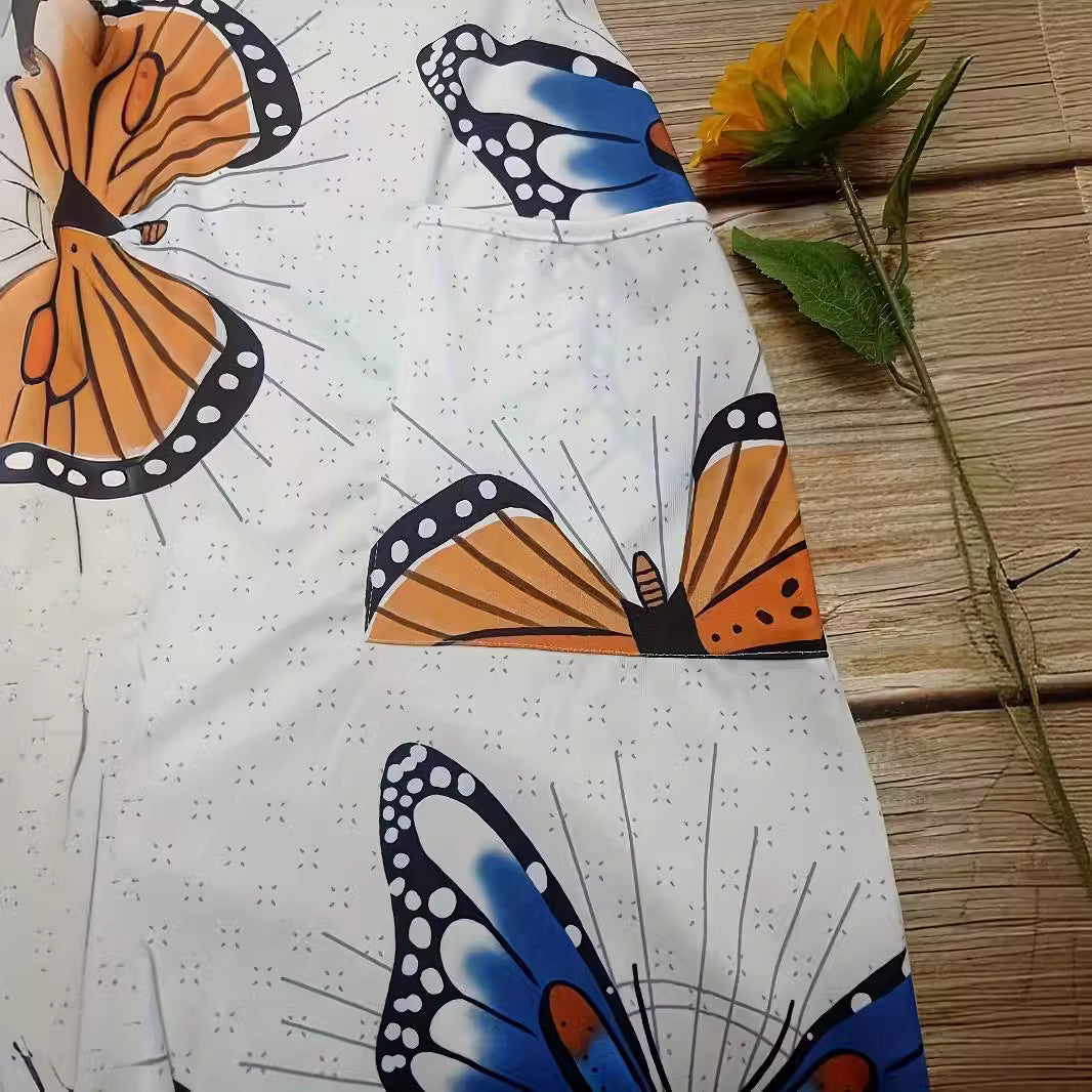 Damen Jumpsuit mit buntem Schmetterlingsmuster und praktischen Taschen EB