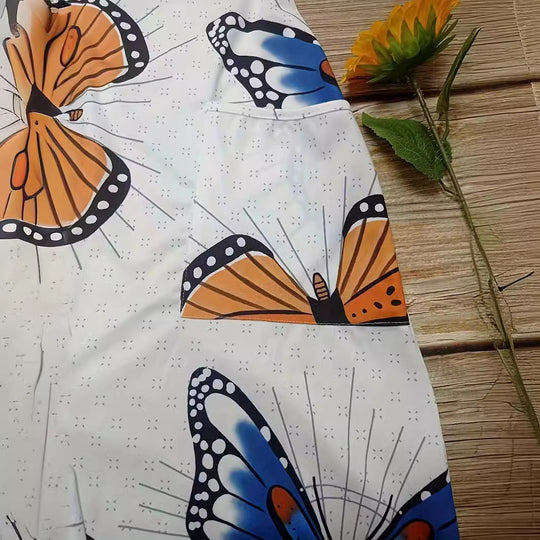 Damen Jumpsuit mit buntem Schmetterlingsmuster und praktischen Taschen EB