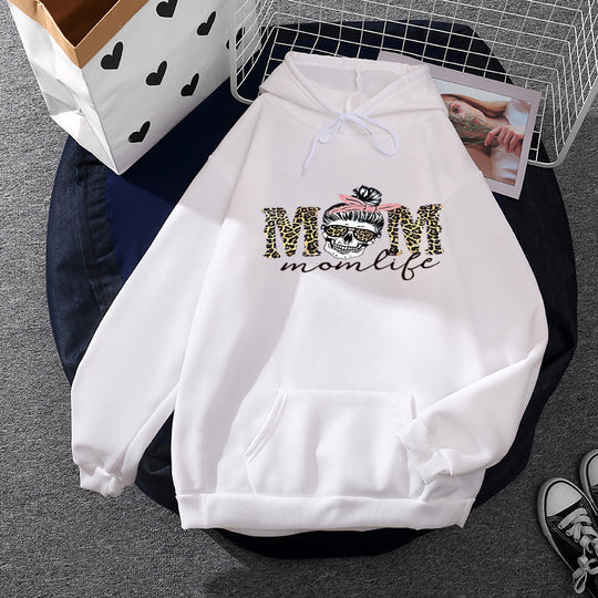 Damen nan Kapuzenpullover mit "Momlife" Skull-Print, Kängurutasche, weichem Fleece-Innenfutter und lockerer Oversize-Passform EB