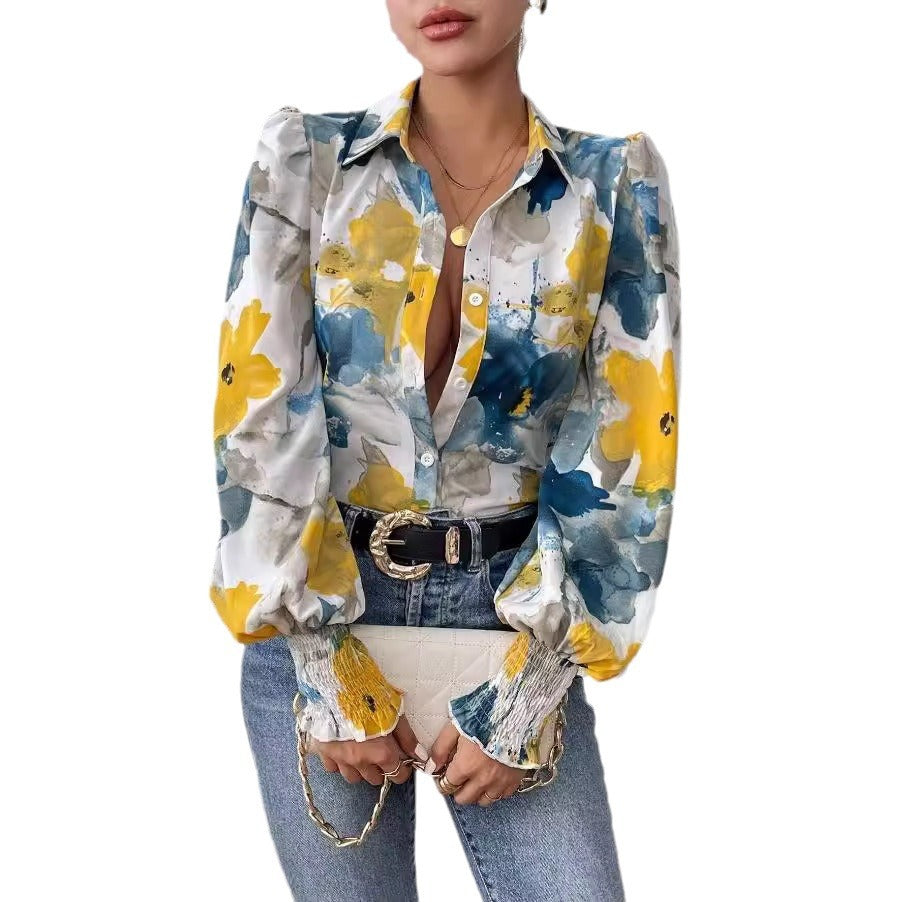Damen Bluse mit floralem Muster und puffärmeligen Details EB
