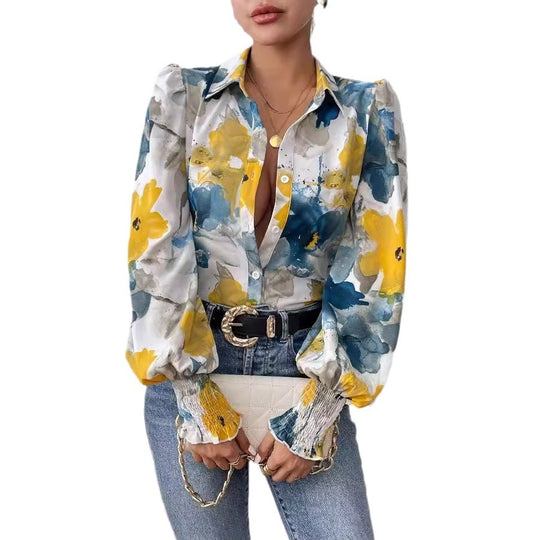 Damen Bluse mit floralem Muster und puffärmeligen Details EB