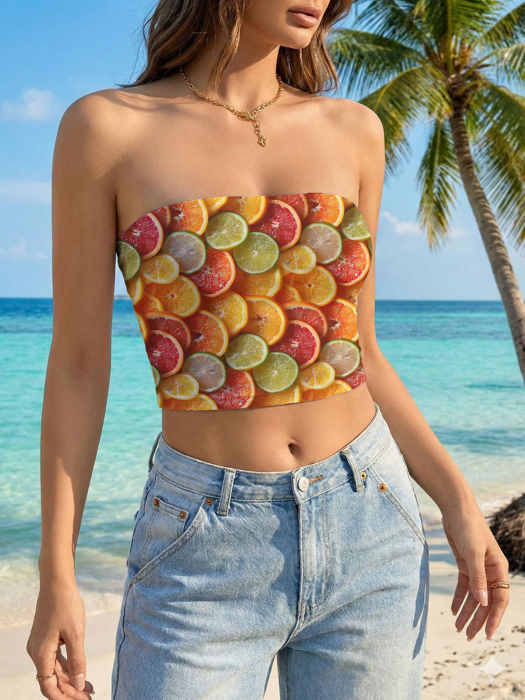 Damen Bandeau-Top mit floralem Vogelmotiv und elastischer Passform EB