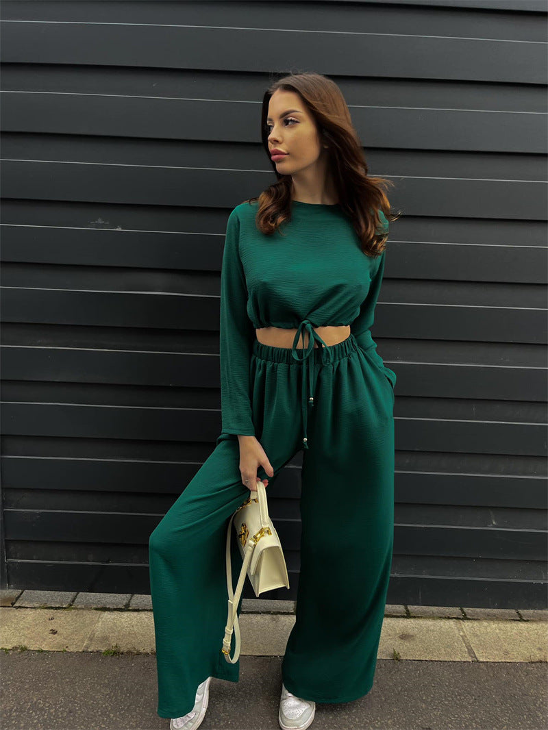 Damen Stylishes Zweiteiler-Set mit raffinierter Crop-Bluse und weiter Hose EB