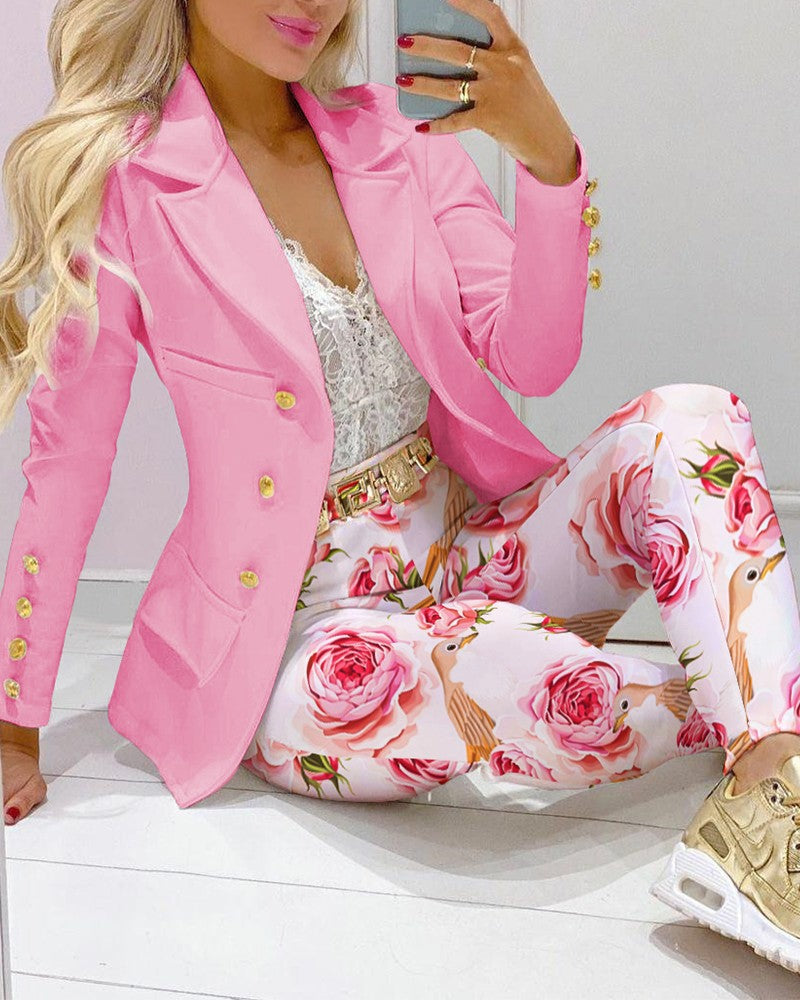 Damen Zweiteiliges Blazer-und-Hose-Set mit Schmetterlingsprint und glamourösem Glitzereffekt EB