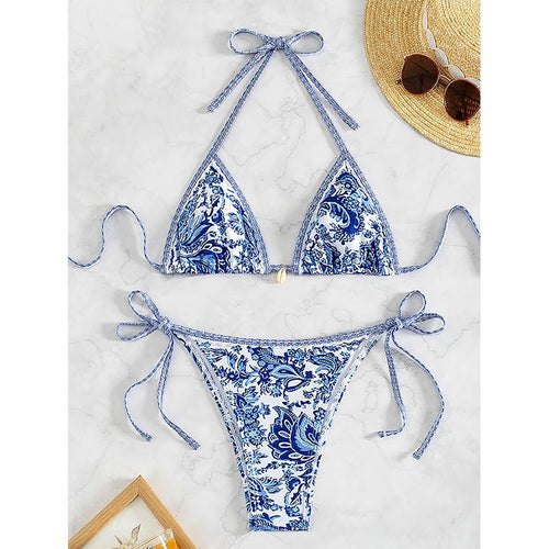 Damen Triangel-Bikini mit verspieltem Floral-Design und Bindebändern EB