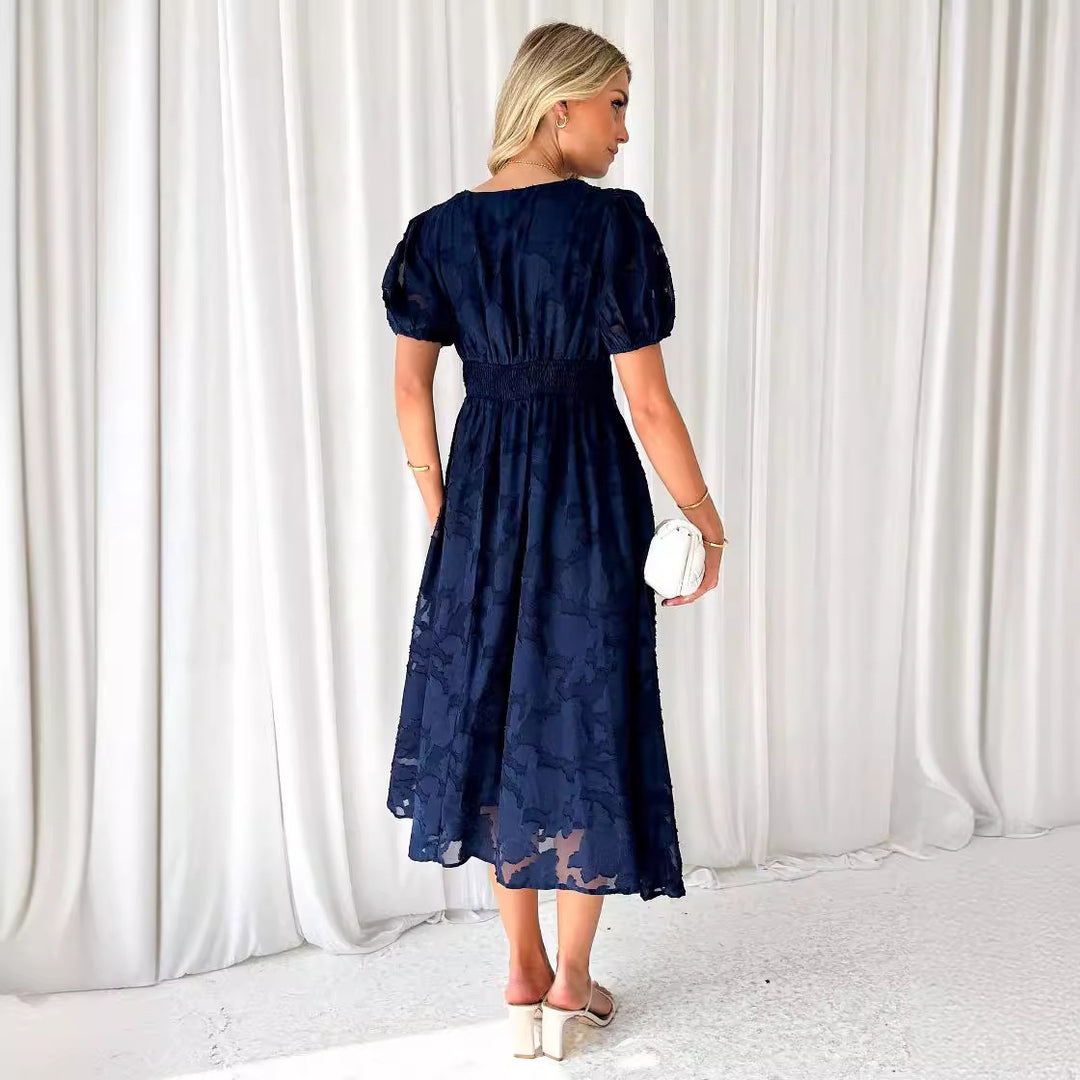 Damen Maxikleid mit floralen Akzenten und voluminösen Puffärmeln EB