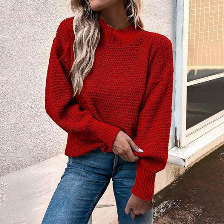 Damen modischer Strickpullover mit hohem Kragen und strukturiertem Muster EB