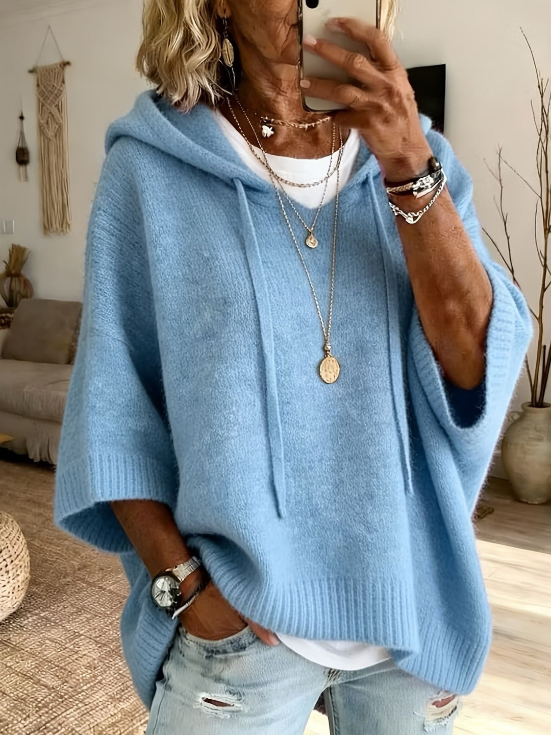 Damen nan Oversize Strickponcho mit Kapuze und kurzen Ärmeln EB