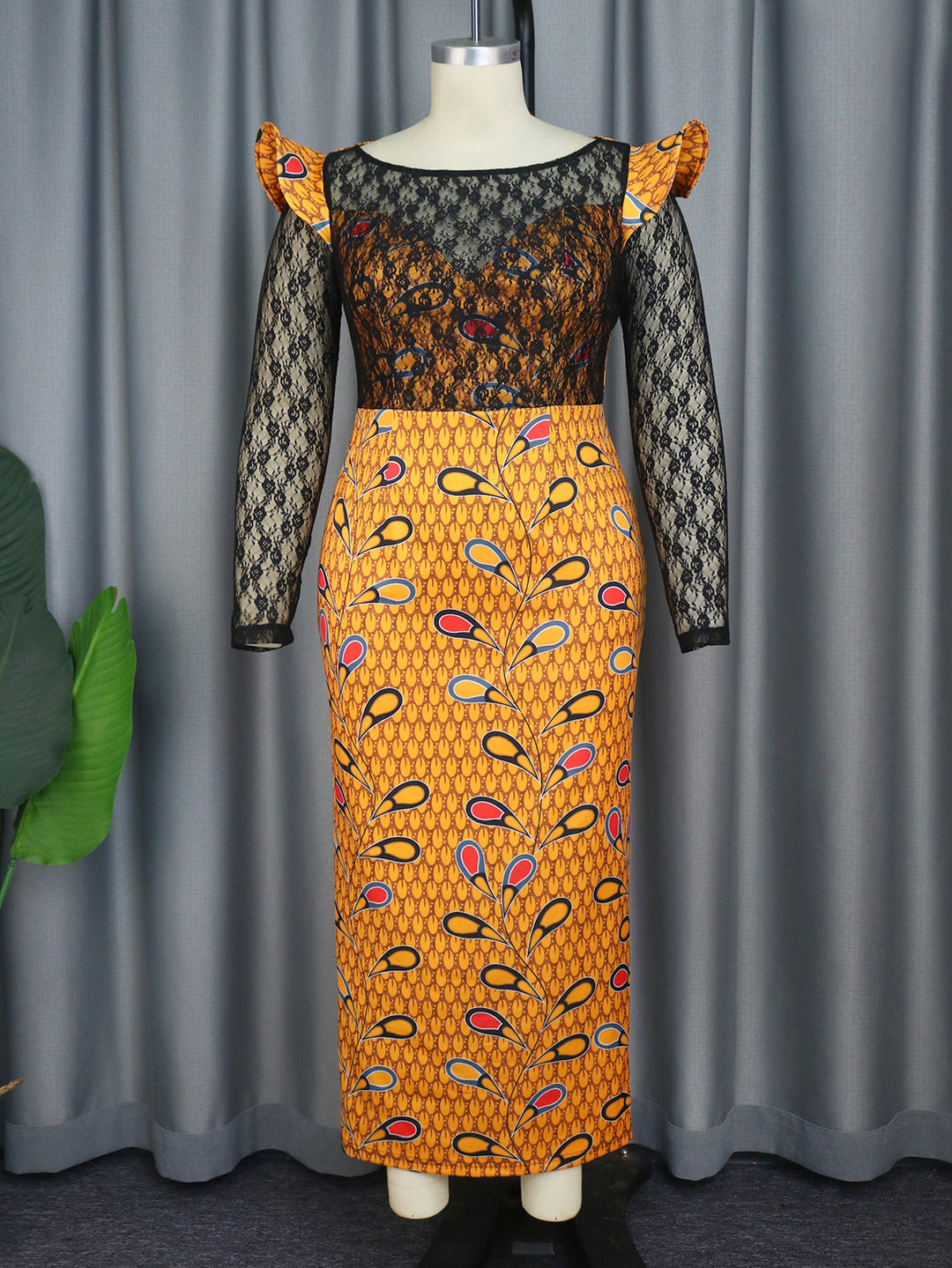 Damen Elegantes Langarmkleid mit floralem Muster und transparenter Spitzeneinlage EB