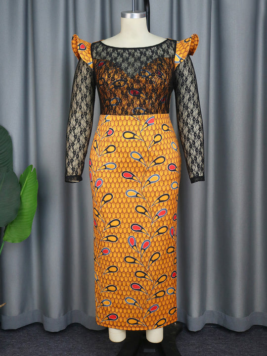 Damen Elegantes Langarmkleid mit floralem Muster und transparenter Spitzeneinlage EB